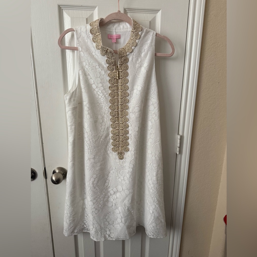Lilly Pulitzer White Lace Dress With Gold Trim Size 12 Jane Shift Dress NWOT